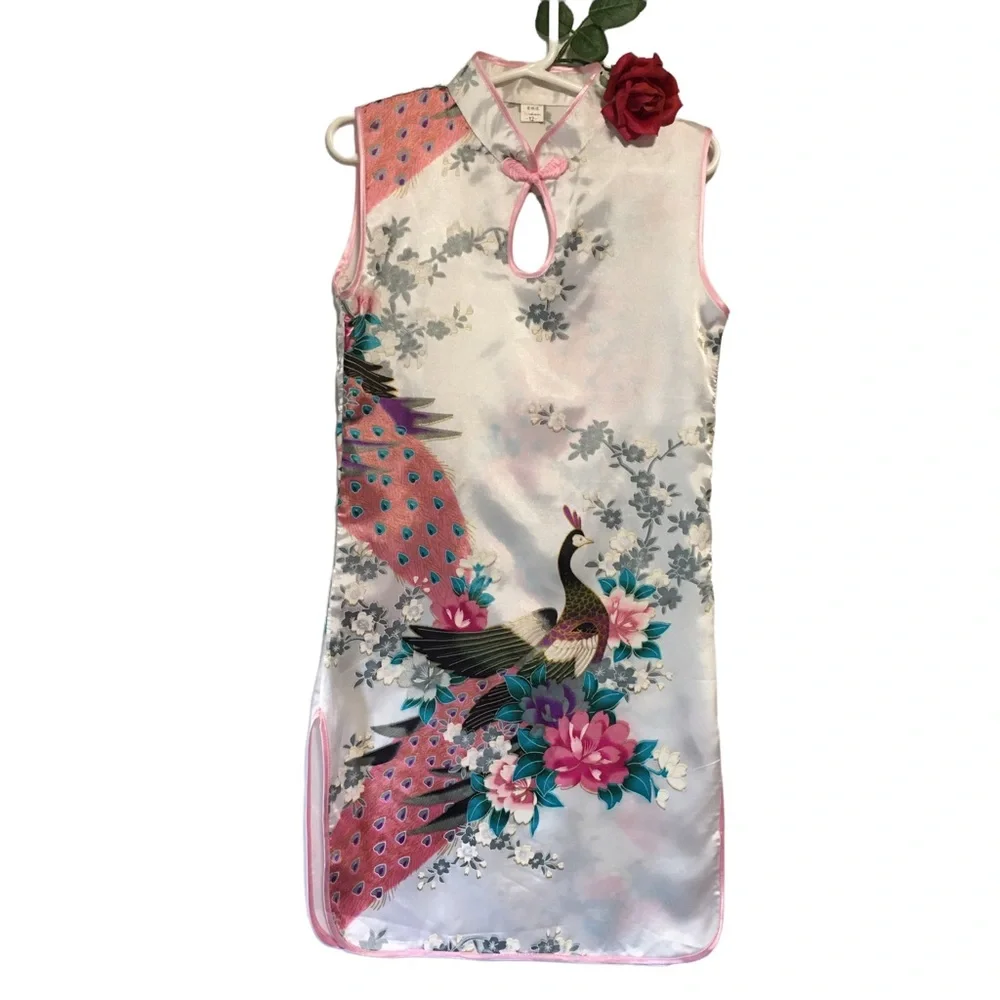 Wudiemi Girls Size 12 Chinese Qipao Cheongsam Dress Pink White Peacock Floral